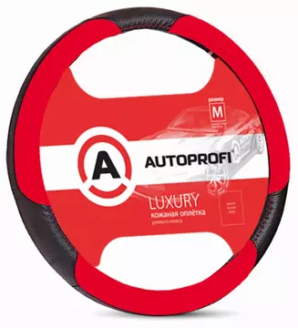 Оплётка руля AUTOPROFI, серия LUXURY, материал - натуральная кожа (3 цветных вставки из экокожи), чёрно/красный, разм. М (AP-1010 BK/RD (M))